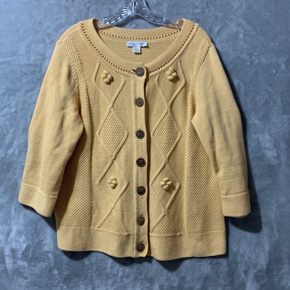 Christopher & Banks Sweater Women's Yellow Large Cotton Cardigan Wood Buttons 3D